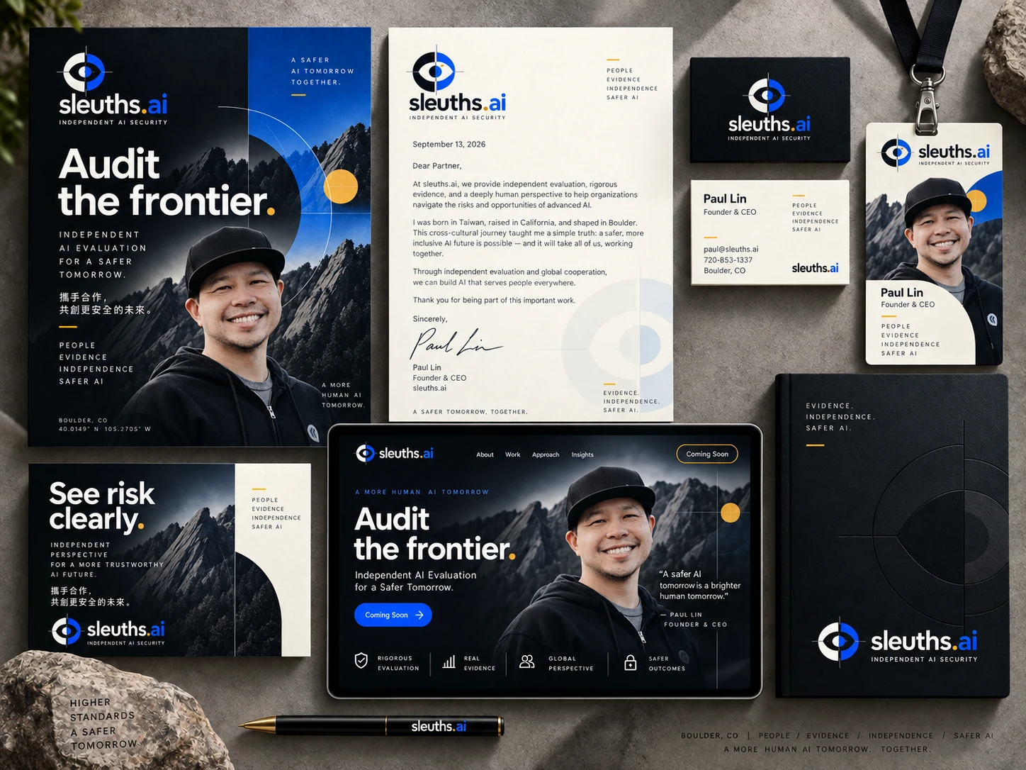 sleuths.ai brand composition with Audit the frontier messaging, mountain imagery, Paul Lin portraits, and black, ivory, blue and gold stationery.